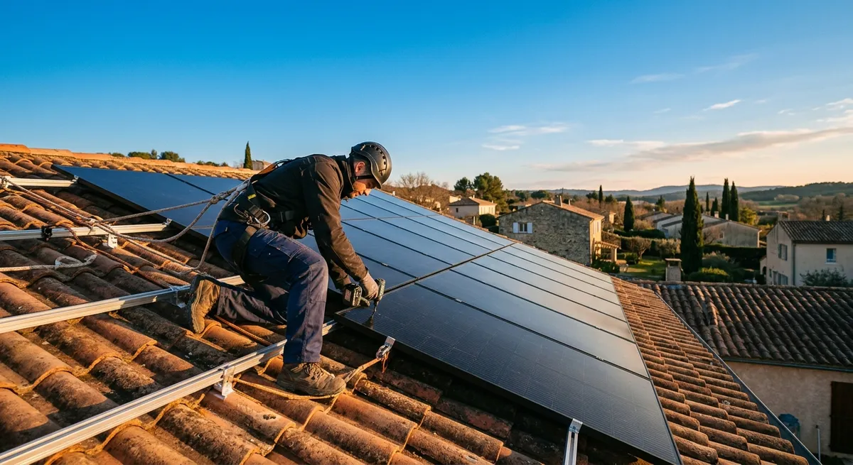 Installateur photovoltaïque posant des panneaux solaires sur un toit