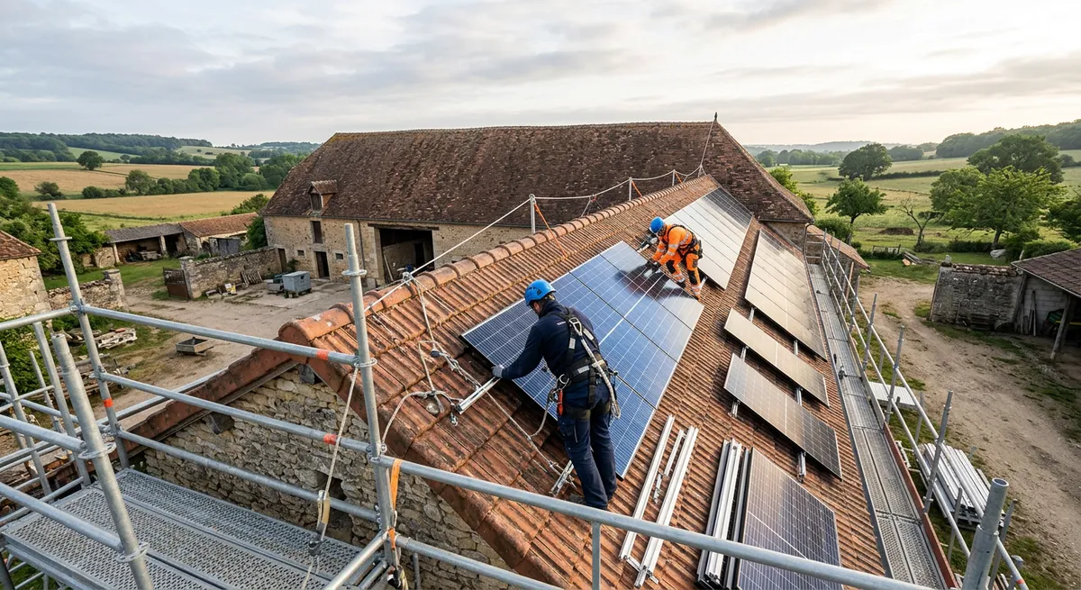 Installateurs posant des panneaux photovoltaïques sur un bâtiment agricole