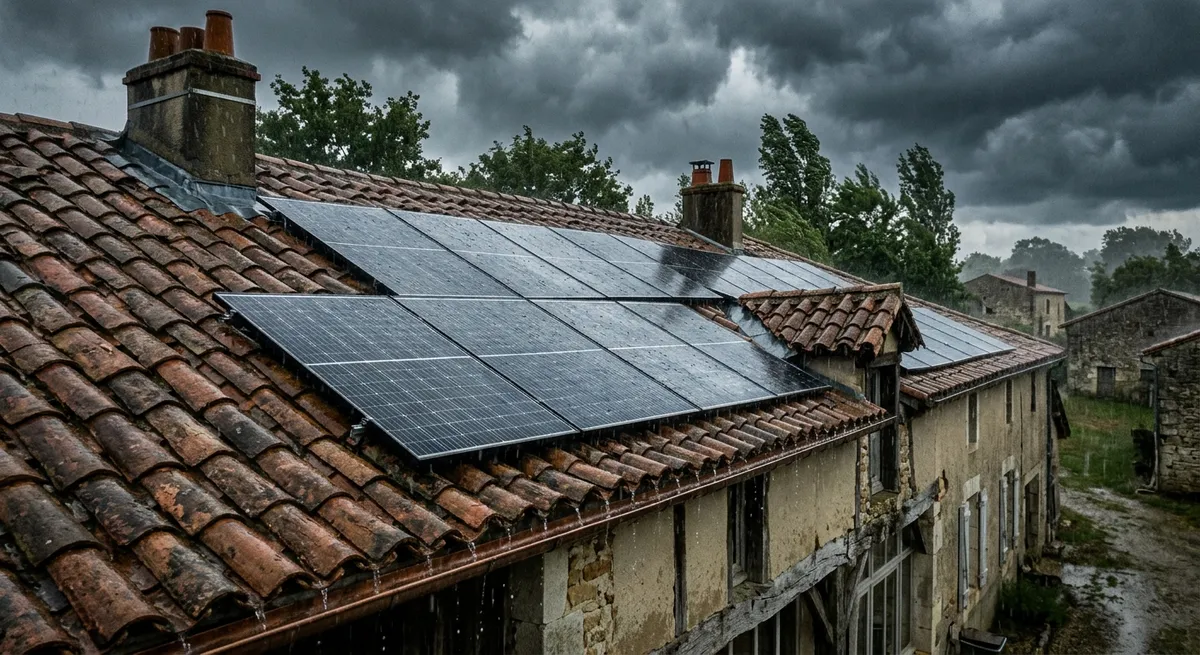 Toiture avec panneaux solaires sous la pluie